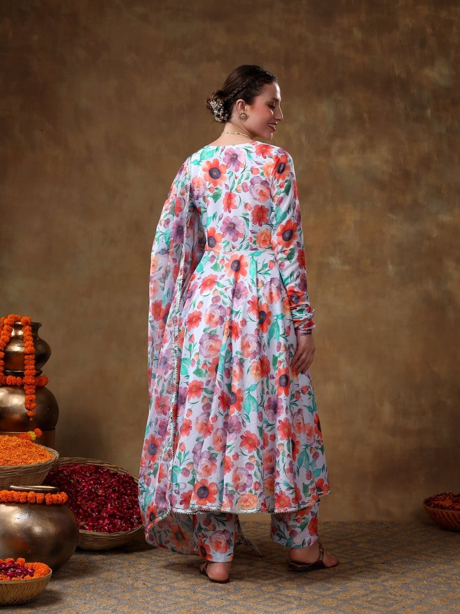 MERAKI ANAM FLORAL PRINT MUSLIN ANARKALI WITH ORGANZA DUPATTA - Pomcha Jaipur