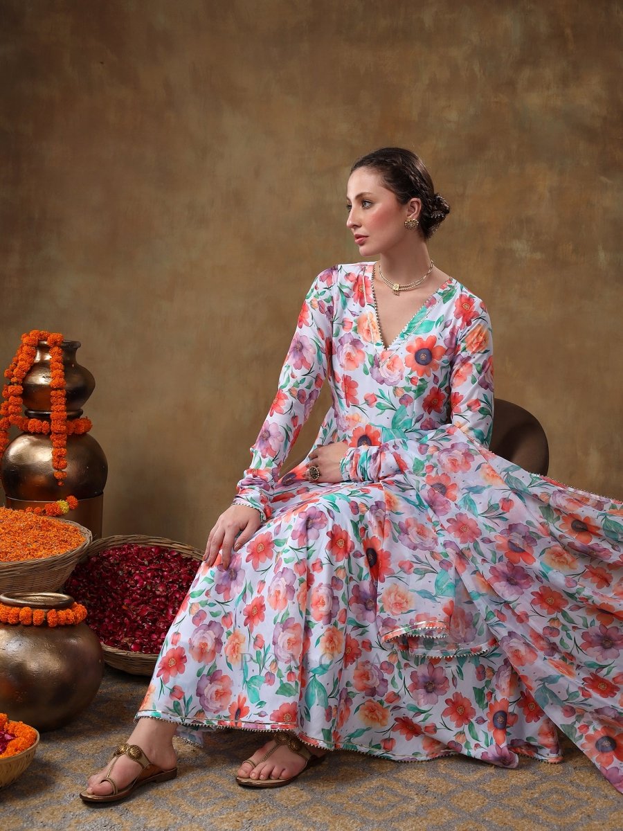 MERAKI ANAM FLORAL PRINT MUSLIN ANARKALI WITH ORGANZA DUPATTA - Pomcha Jaipur