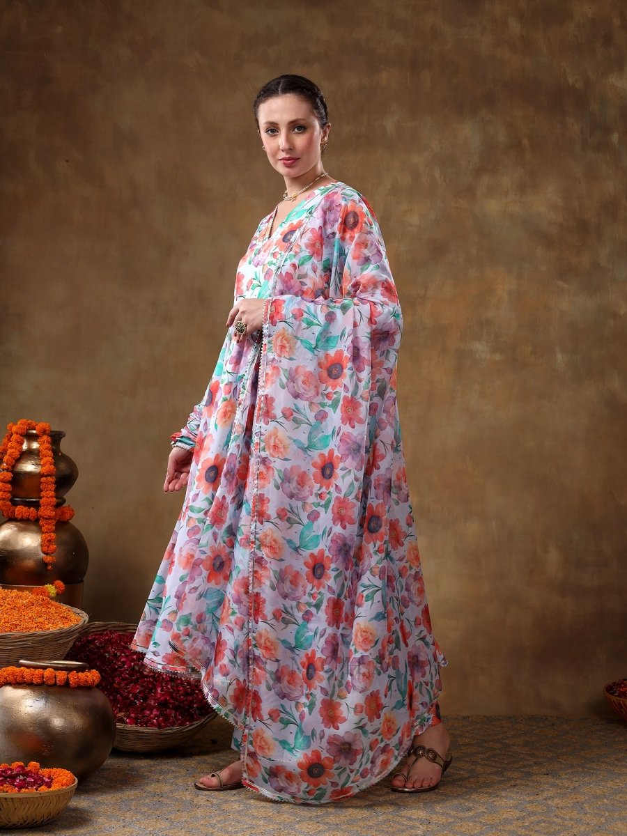 MERAKI ANAM FLORAL PRINT MUSLIN ANARKALI WITH ORGANZA DUPATTA - Pomcha Jaipur