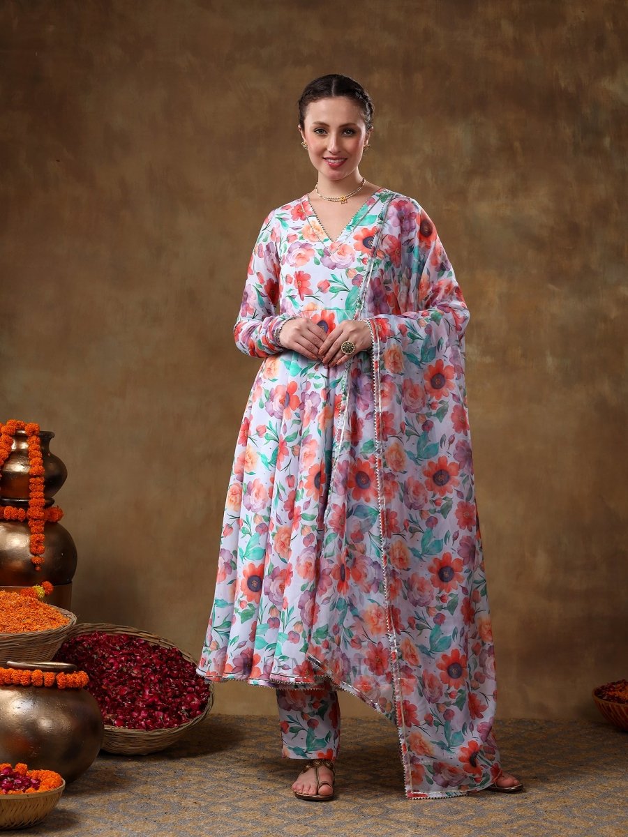 MERAKI ANAM FLORAL PRINT MUSLIN ANARKALI WITH ORGANZA DUPATTA - Pomcha Jaipur