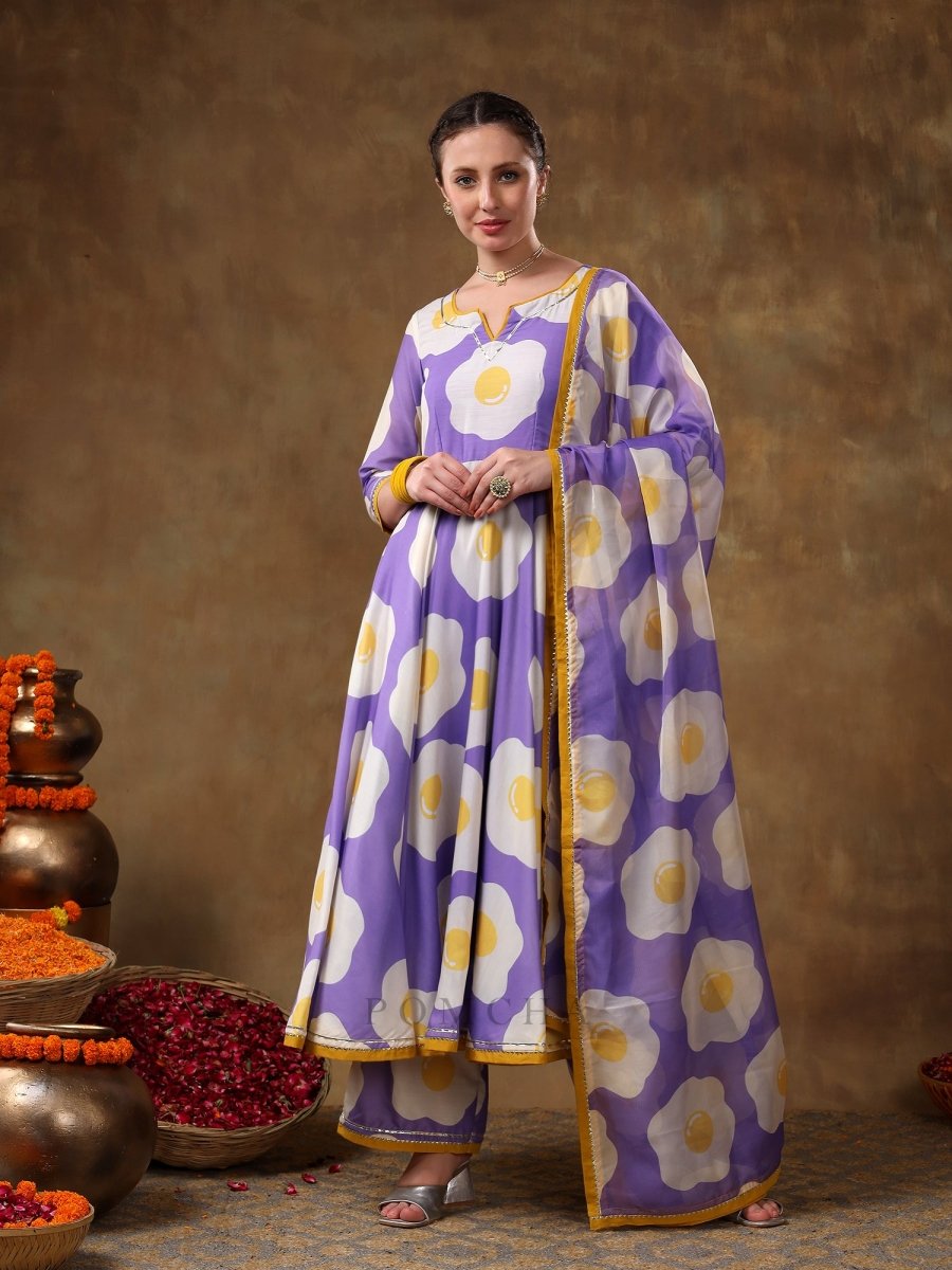 MERAKI EGG PRINTED LAVENDER MUSLIN ANARKALI SET WITH ORGANZA DUPATTA - Pomcha Jaipur
