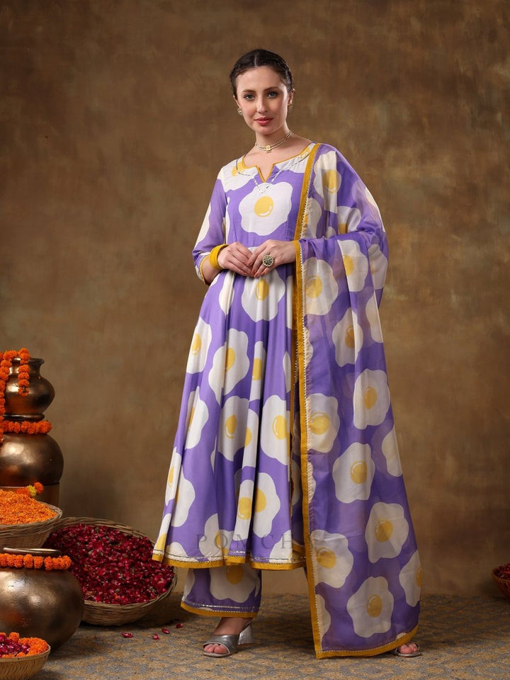MERAKI EGG PRINTED LAVENDER MUSLIN ANARKALI SET WITH ORGANZA DUPATTA - Pomcha Jaipur