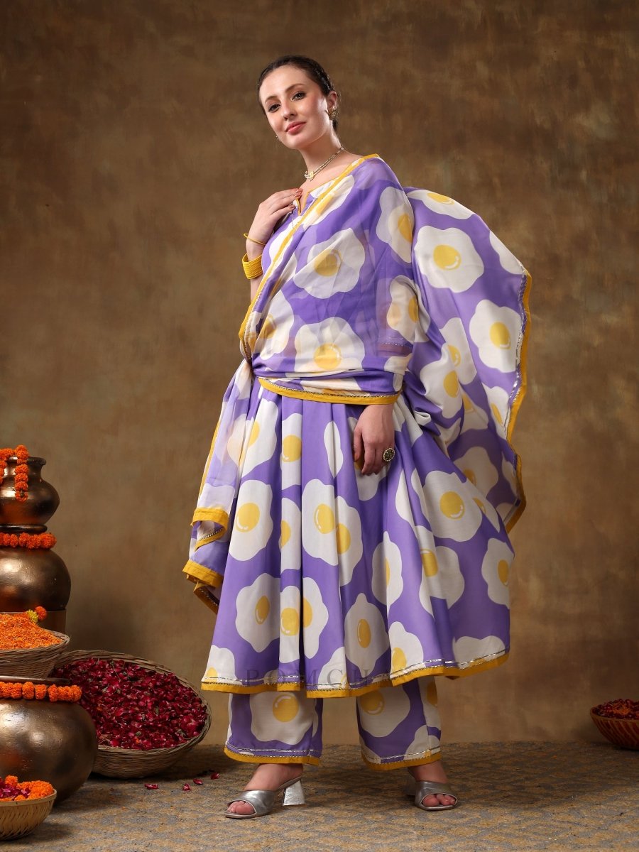 MERAKI EGG PRINTED LAVENDER MUSLIN ANARKALI SET WITH ORGANZA DUPATTA - Pomcha Jaipur