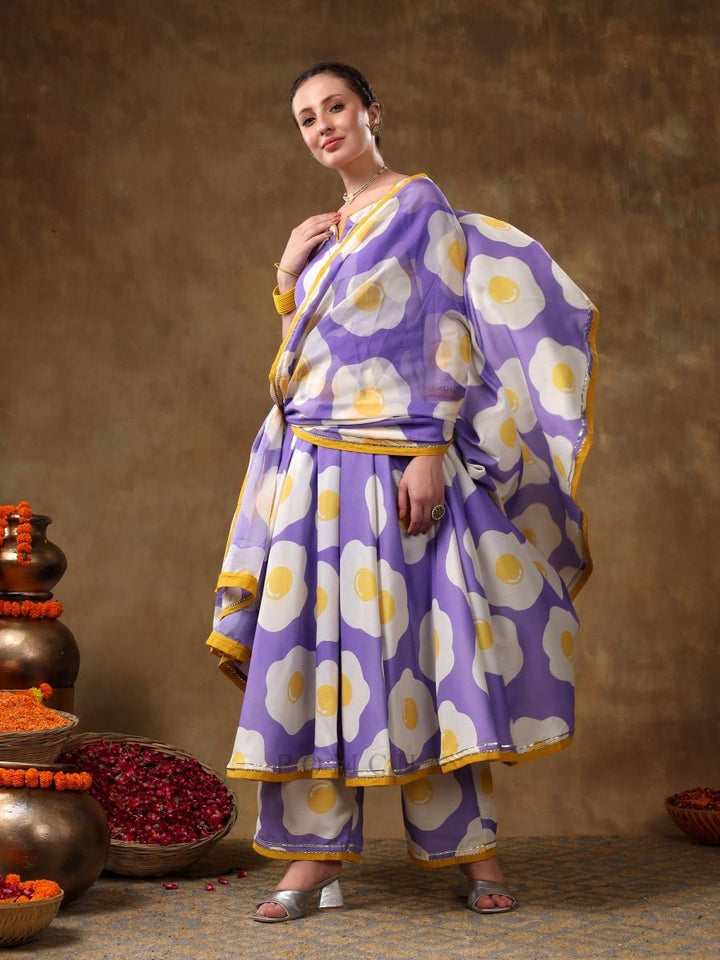 MERAKI EGG PRINTED LAVENDER MUSLIN ANARKALI SET WITH ORGANZA DUPATTA - Pomcha Jaipur