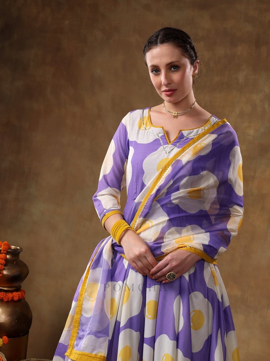 MERAKI EGG PRINTED LAVENDER MUSLIN ANARKALI SET WITH ORGANZA DUPATTA - Pomcha Jaipur