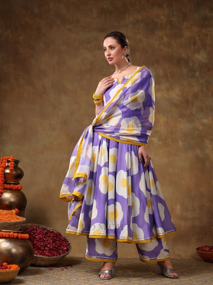 MERAKI EGG PRINTED LAVENDER MUSLIN ANARKALI SET WITH ORGANZA DUPATTA - Pomcha Jaipur