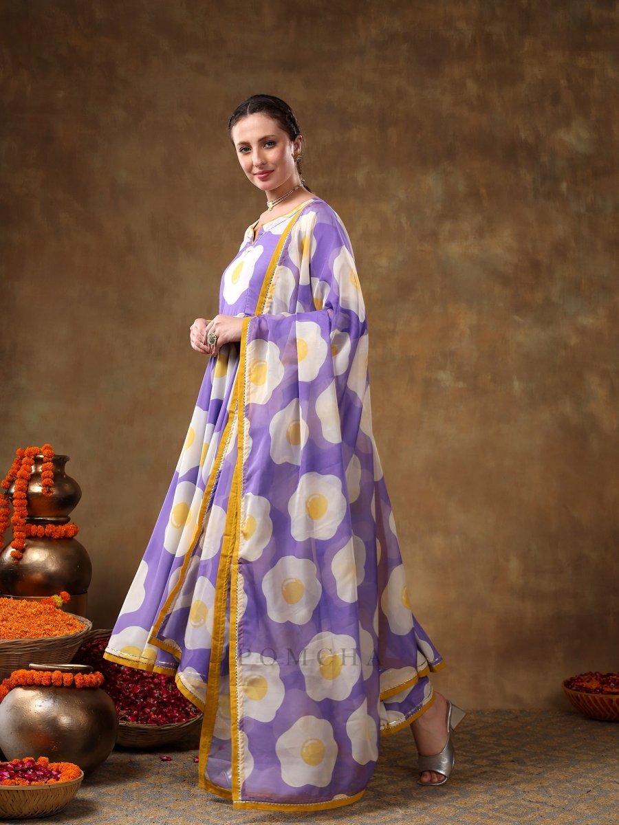 MERAKI EGG PRINTED LAVENDER MUSLIN ANARKALI SET WITH ORGANZA DUPATTA - Pomcha Jaipur