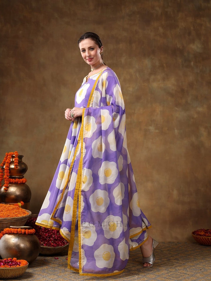 MERAKI EGG PRINTED LAVENDER MUSLIN ANARKALI SET WITH ORGANZA DUPATTA - Pomcha Jaipur
