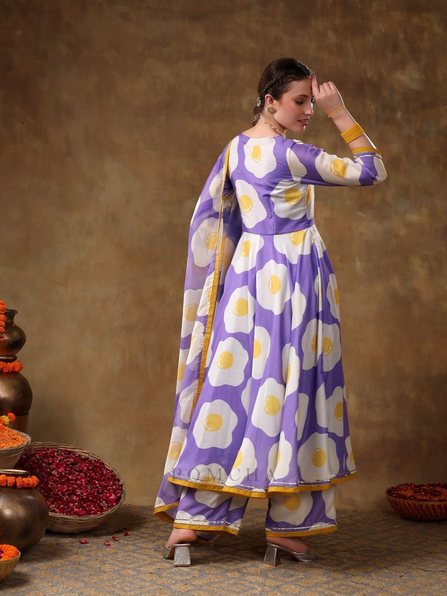 MERAKI EGG PRINTED LAVENDER MUSLIN ANARKALI SET WITH ORGANZA DUPATTA - Pomcha Jaipur