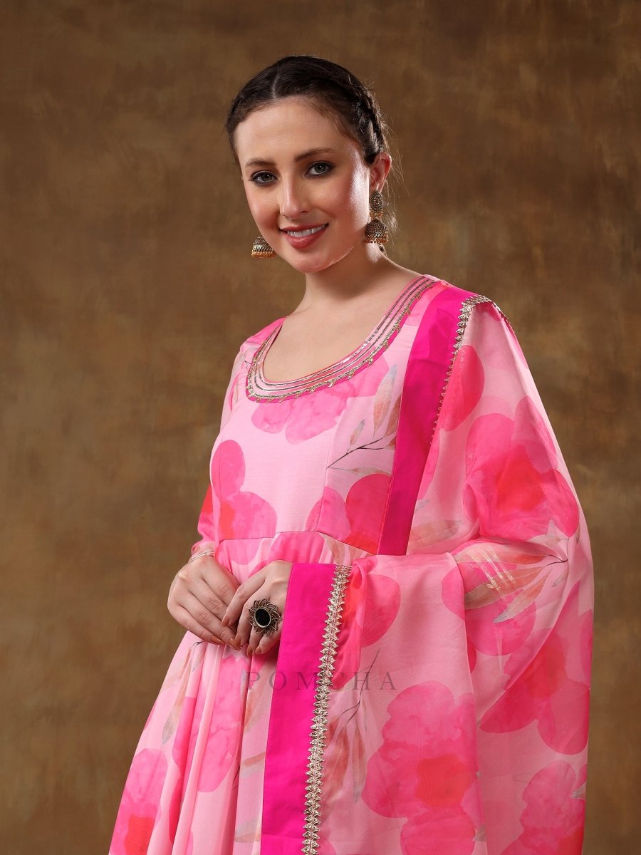 MERAKI FALAK PINK FLORAL GOTTA LACE WORK MUSLIN ANARKALI WITH ORGANZA DUPATTA - Pomcha Jaipur