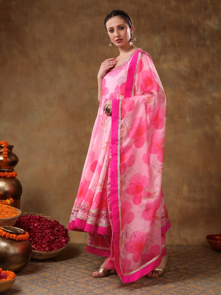 MERAKI FALAK PINK FLORAL GOTTA LACE WORK MUSLIN ANARKALI WITH ORGANZA DUPATTA - Pomcha Jaipur