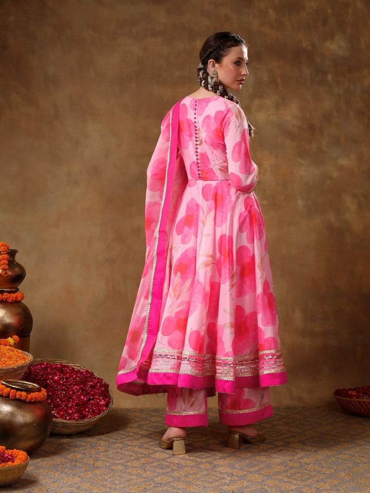 MERAKI FALAK PINK FLORAL GOTTA LACE WORK MUSLIN ANARKALI WITH ORGANZA DUPATTA - Pomcha Jaipur