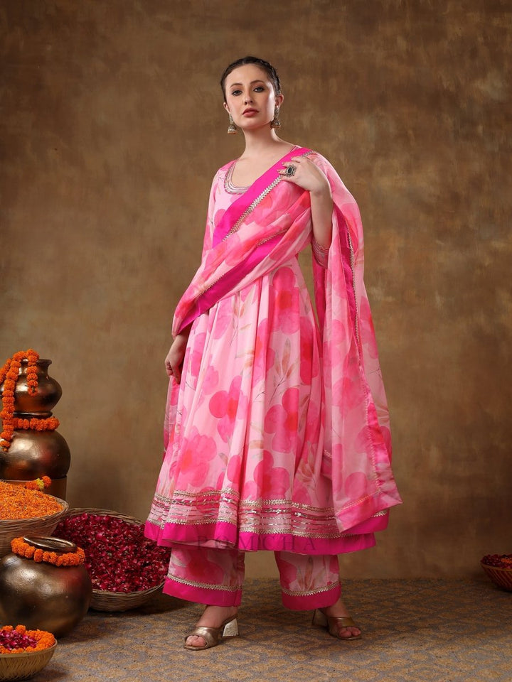 MERAKI FALAK PINK FLORAL GOTTA LACE WORK MUSLIN ANARKALI WITH ORGANZA DUPATTA - Pomcha Jaipur