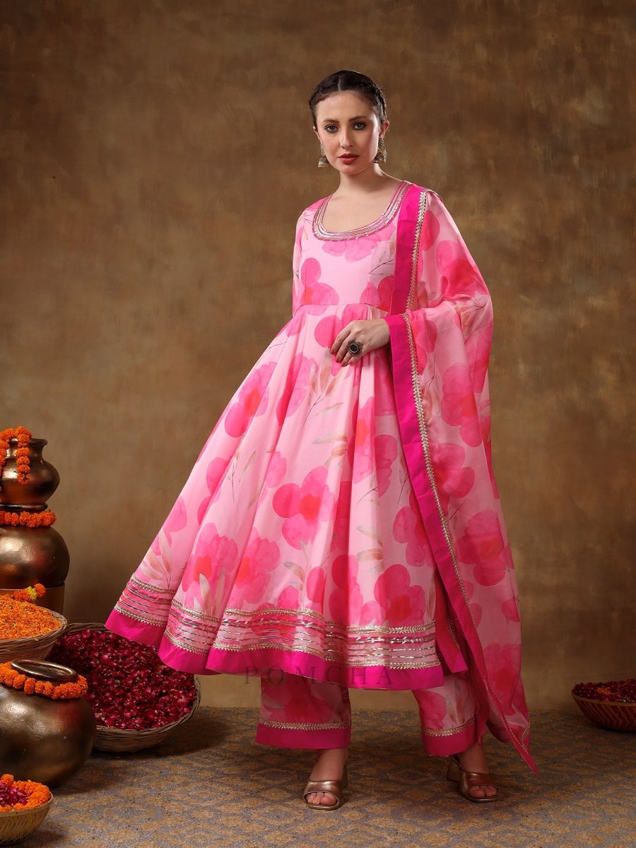 MERAKI FALAK PINK FLORAL GOTTA LACE WORK MUSLIN ANARKALI WITH ORGANZA DUPATTA - Pomcha Jaipur