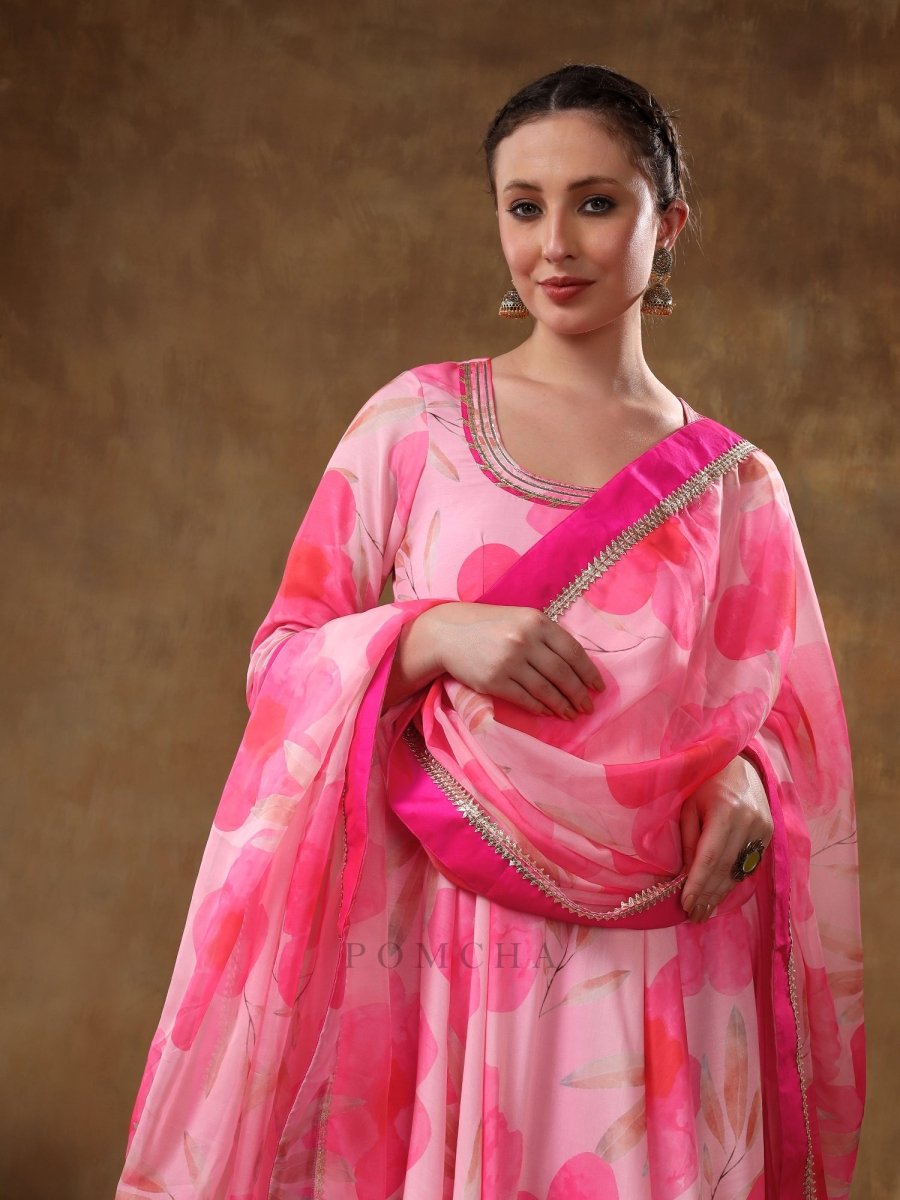 MERAKI FALAK PINK FLORAL GOTTA LACE WORK MUSLIN ANARKALI WITH ORGANZA DUPATTA - Pomcha Jaipur