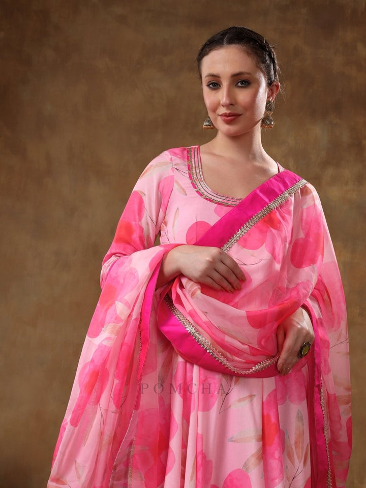MERAKI FALAK PINK FLORAL GOTTA LACE WORK MUSLIN ANARKALI WITH ORGANZA DUPATTA - Pomcha Jaipur