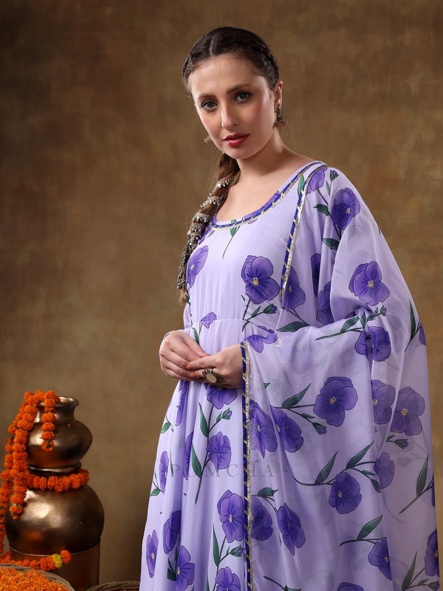 MERAKI FIDA PURPLE MUSLIN ANARKALI WITH ORGANZA DUPATTA - Pomcha Jaipur