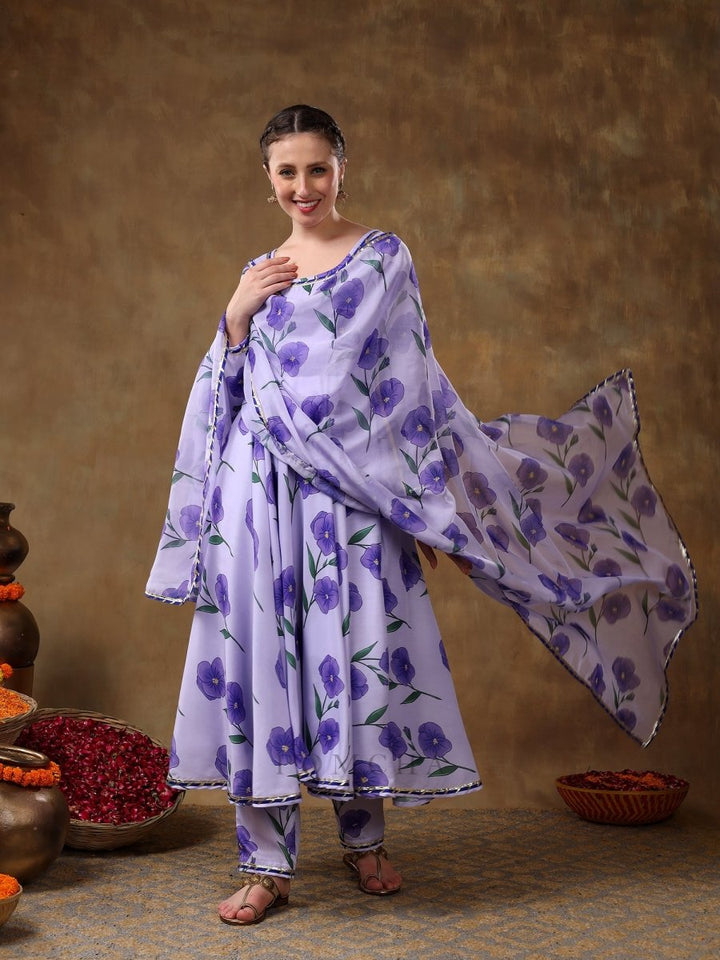 MERAKI FIDA PURPLE MUSLIN ANARKALI WITH ORGANZA DUPATTA - Pomcha Jaipur