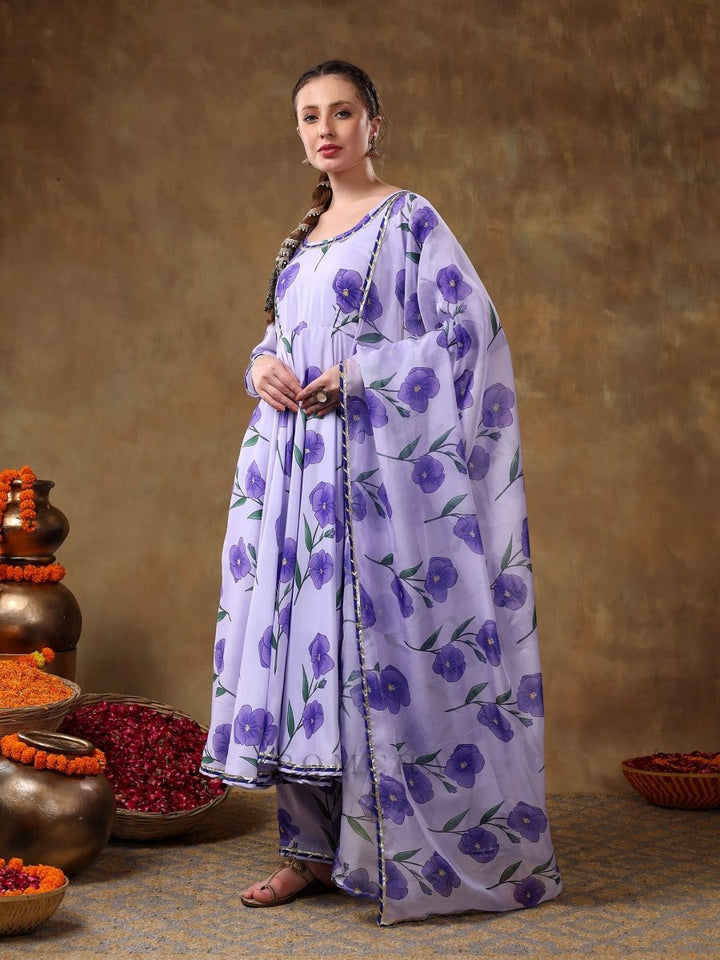 MERAKI FIDA PURPLE MUSLIN ANARKALI WITH ORGANZA DUPATTA - Pomcha Jaipur