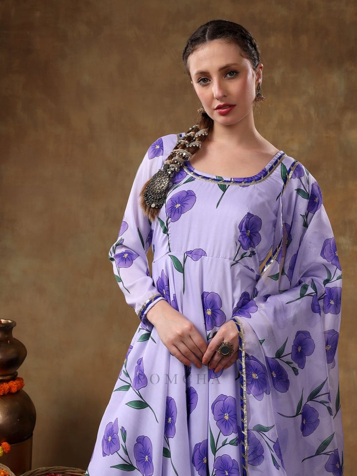 MERAKI FIDA PURPLE MUSLIN ANARKALI WITH ORGANZA DUPATTA - Pomcha Jaipur