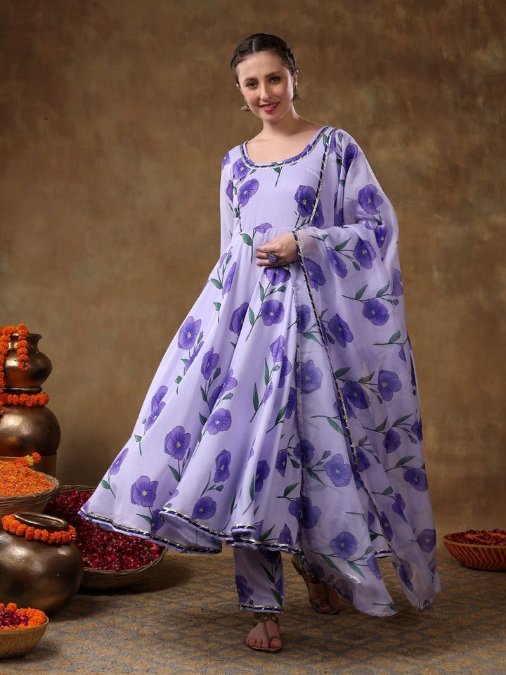 MERAKI FIDA PURPLE MUSLIN ANARKALI WITH ORGANZA DUPATTA - Pomcha Jaipur