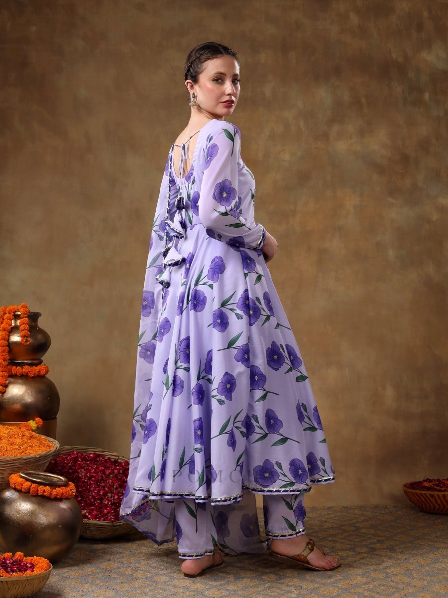 MERAKI FIDA PURPLE MUSLIN ANARKALI WITH ORGANZA DUPATTA - Pomcha Jaipur