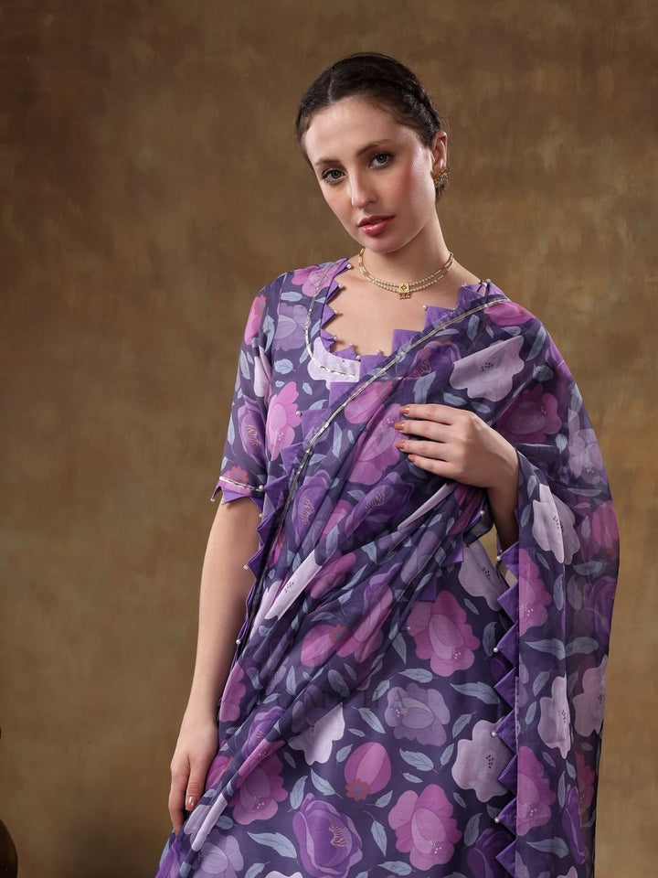 MERAKI GULBANO PURPLE FLORAL PRINT MUSLIN KURTA SET WITH ORGANZA DUPATTA - Pomcha Jaipur