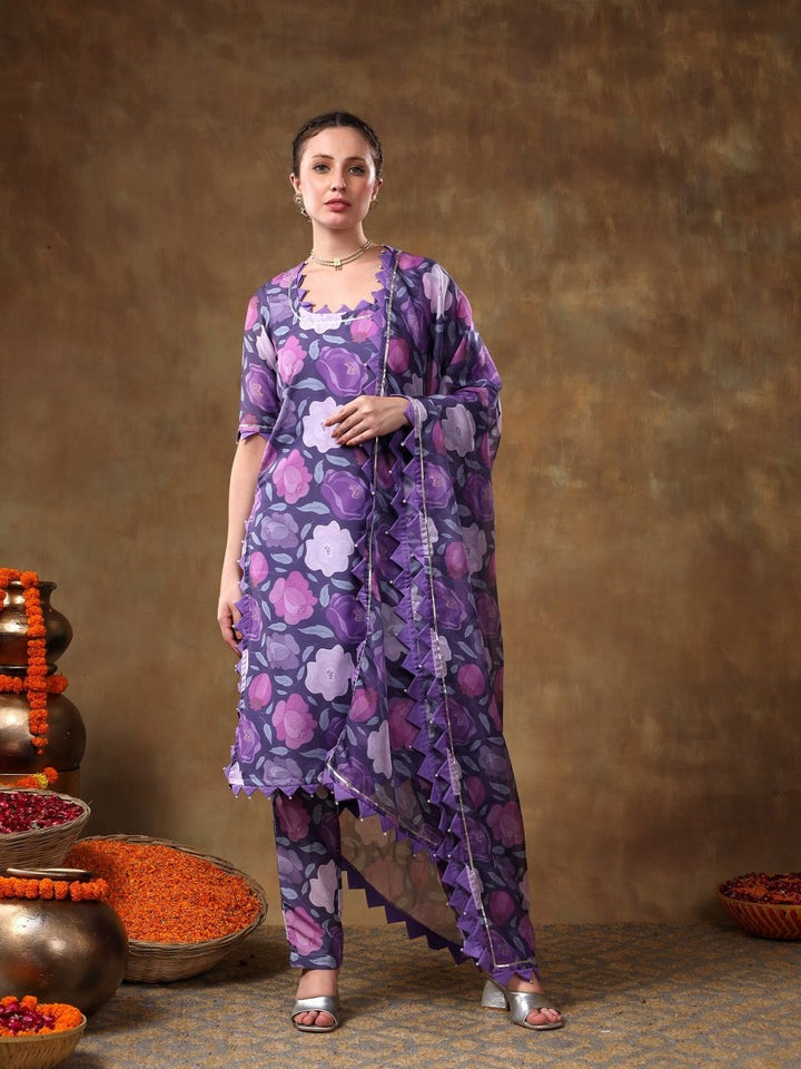 MERAKI GULBANO PURPLE FLORAL PRINT MUSLIN KURTA SET WITH ORGANZA DUPATTA - Pomcha Jaipur