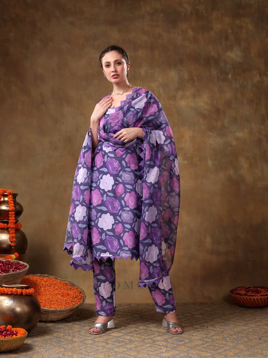 MERAKI GULBANO PURPLE FLORAL PRINT MUSLIN KURTA SET WITH ORGANZA DUPATTA - Pomcha Jaipur