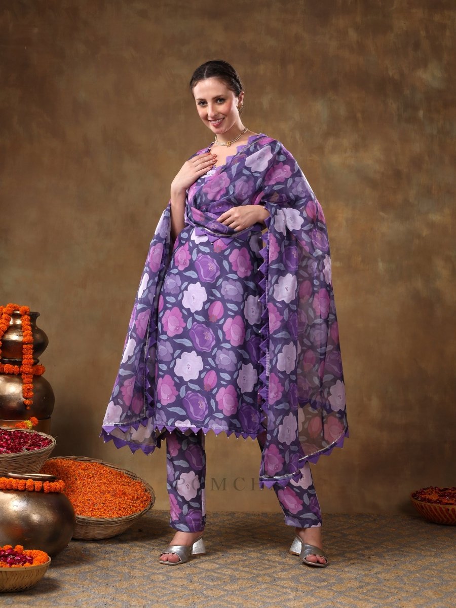 MERAKI GULBANO PURPLE FLORAL PRINT MUSLIN KURTA SET WITH ORGANZA DUPATTA - Pomcha Jaipur