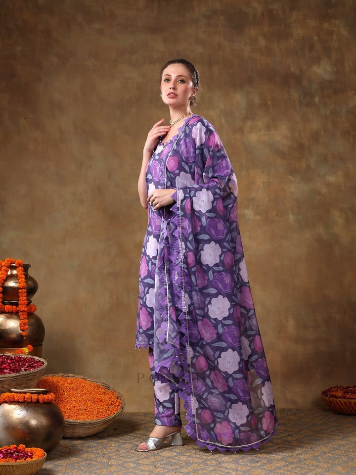 MERAKI GULBANO PURPLE FLORAL PRINT MUSLIN KURTA SET WITH ORGANZA DUPATTA - Pomcha Jaipur