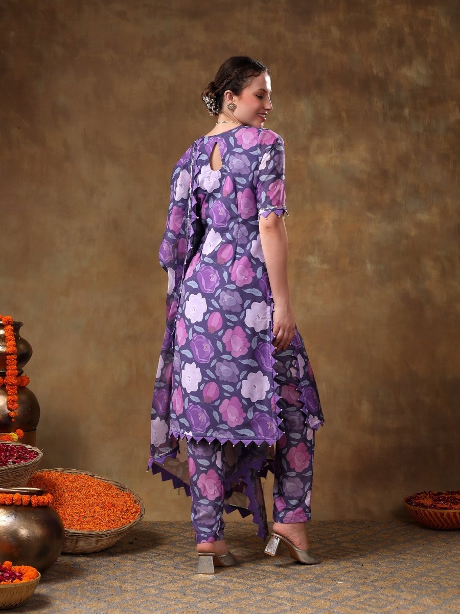 MERAKI GULBANO PURPLE FLORAL PRINT MUSLIN KURTA SET WITH ORGANZA DUPATTA - Pomcha Jaipur