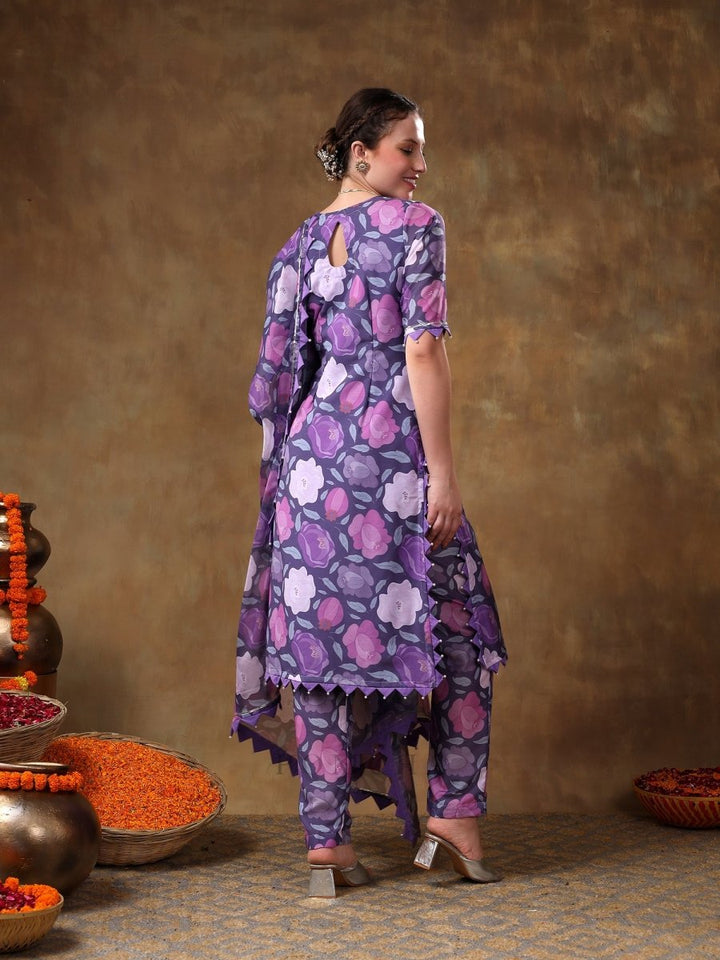 MERAKI GULBANO PURPLE FLORAL PRINT MUSLIN KURTA SET WITH ORGANZA DUPATTA - Pomcha Jaipur