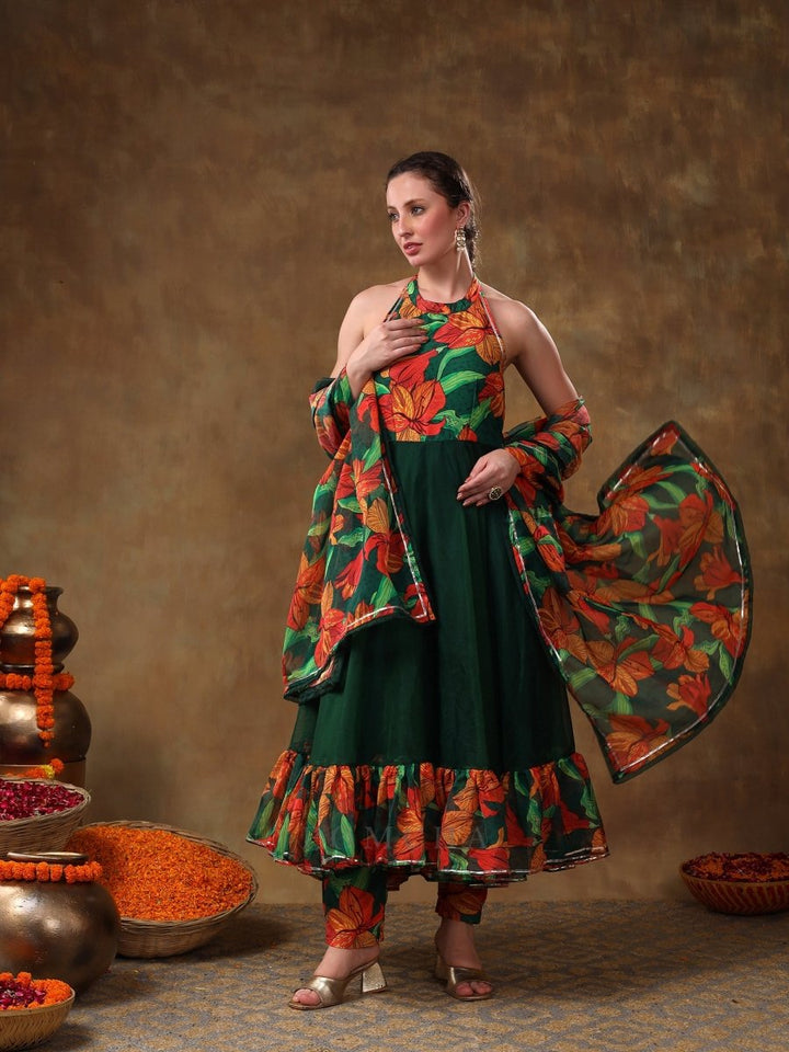 MERAKI GULSAN GREEN MUSLIN FRILL ANARKALI SET WITH ORGANZA DUPATTA - Pomcha Jaipur