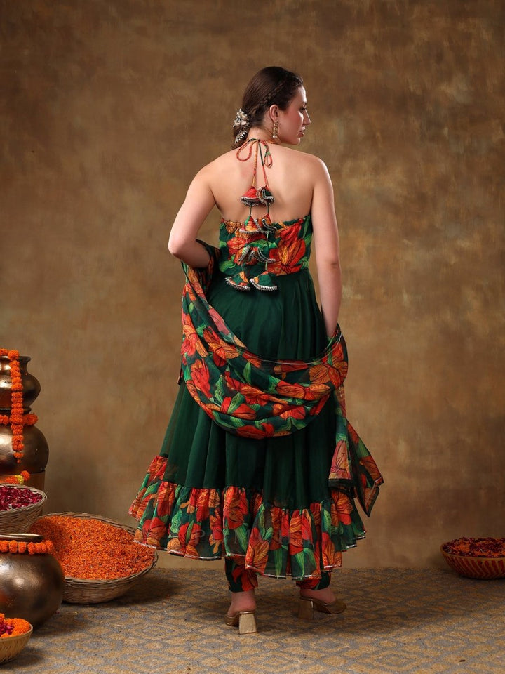 MERAKI GULSAN GREEN MUSLIN FRILL ANARKALI SET WITH ORGANZA DUPATTA - Pomcha Jaipur