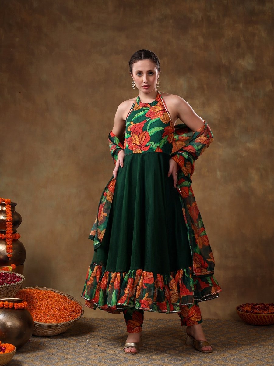 MERAKI GULSAN GREEN MUSLIN FRILL ANARKALI SET WITH ORGANZA DUPATTA - Pomcha Jaipur