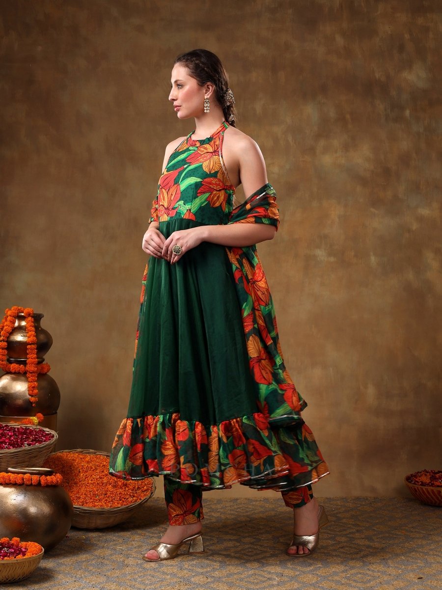 MERAKI GULSAN GREEN MUSLIN FRILL ANARKALI SET WITH ORGANZA DUPATTA - Pomcha Jaipur