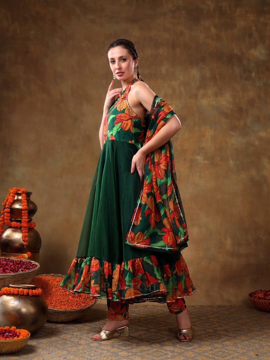 MERAKI GULSAN GREEN MUSLIN FRILL ANARKALI SET WITH ORGANZA DUPATTA - Pomcha Jaipur