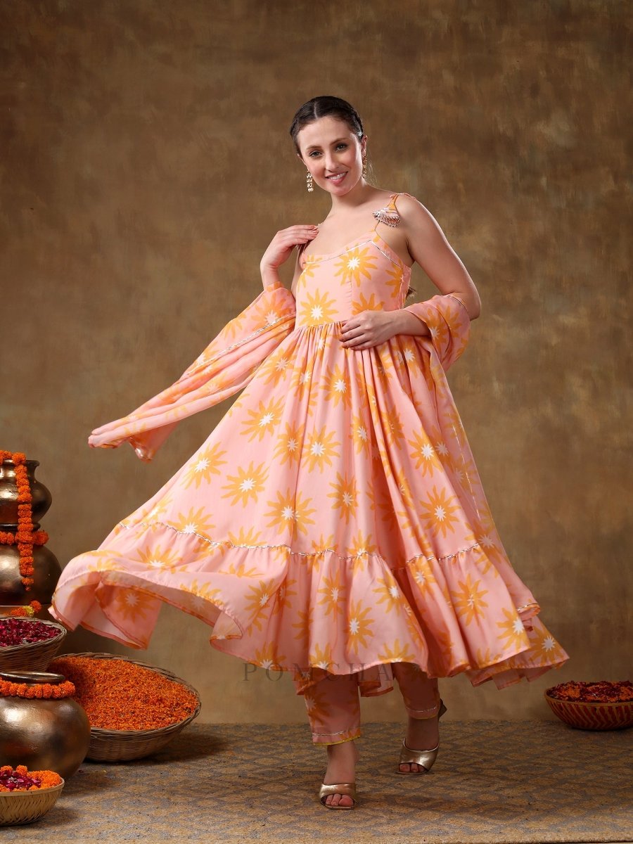 MERAKI JANNAT PEACH FRILL MUSLIN ANARKALI WITH ORGANZA DUPATTA - Pomcha Jaipur