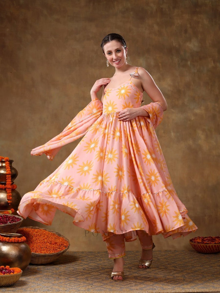 MERAKI JANNAT PEACH FRILL MUSLIN ANARKALI WITH ORGANZA DUPATTA - Pomcha Jaipur