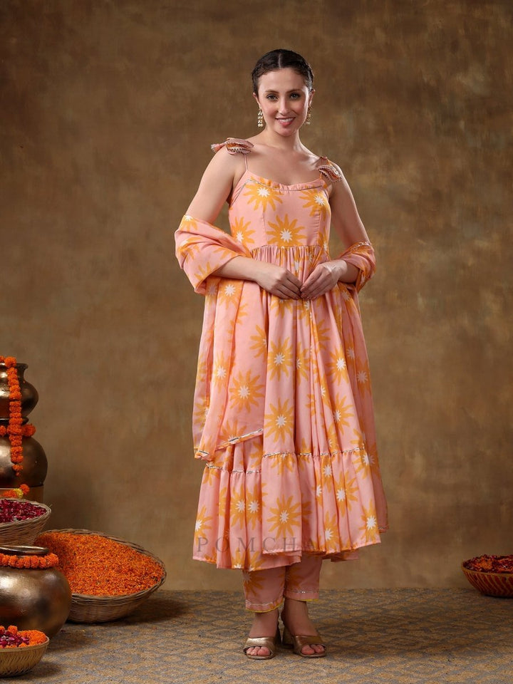 MERAKI JANNAT PEACH FRILL MUSLIN ANARKALI WITH ORGANZA DUPATTA - Pomcha Jaipur