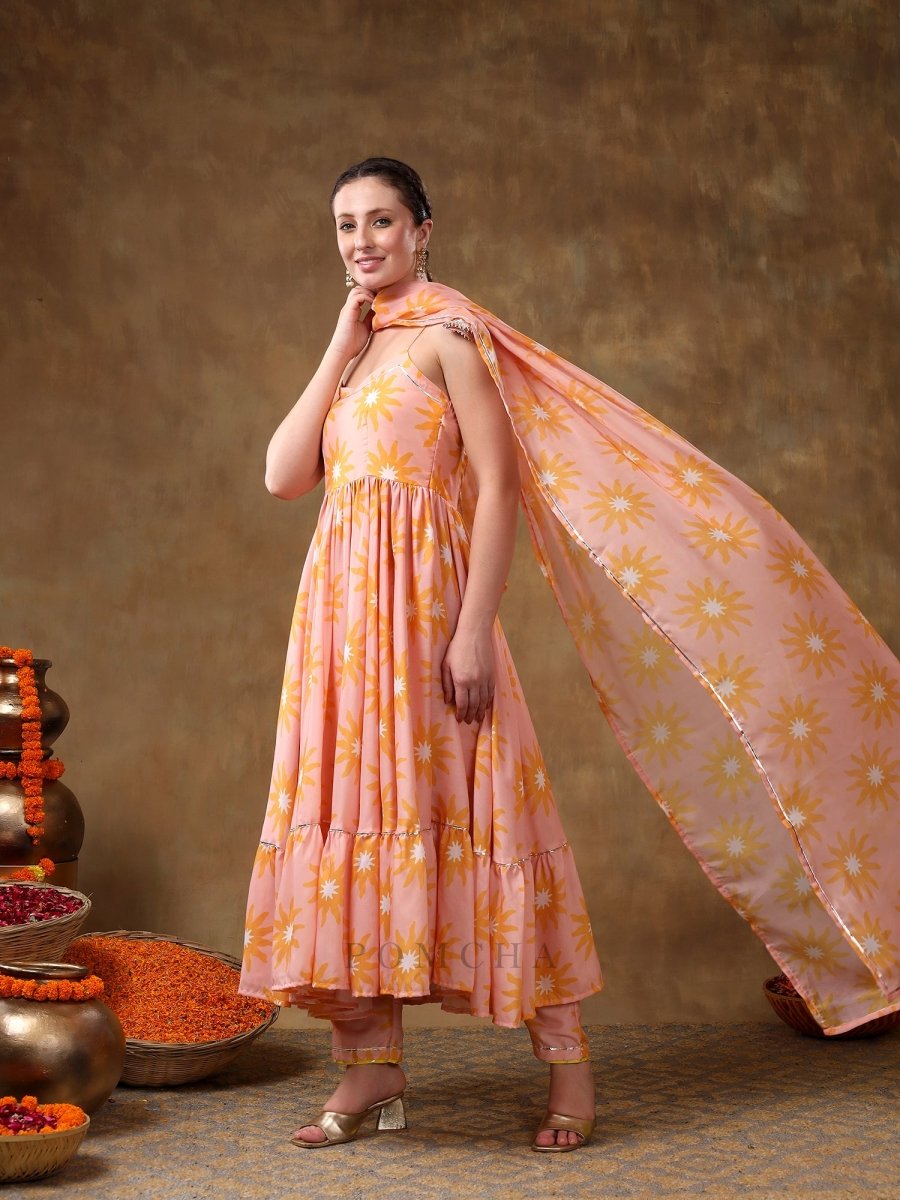 MERAKI JANNAT PEACH FRILL MUSLIN ANARKALI WITH ORGANZA DUPATTA - Pomcha Jaipur