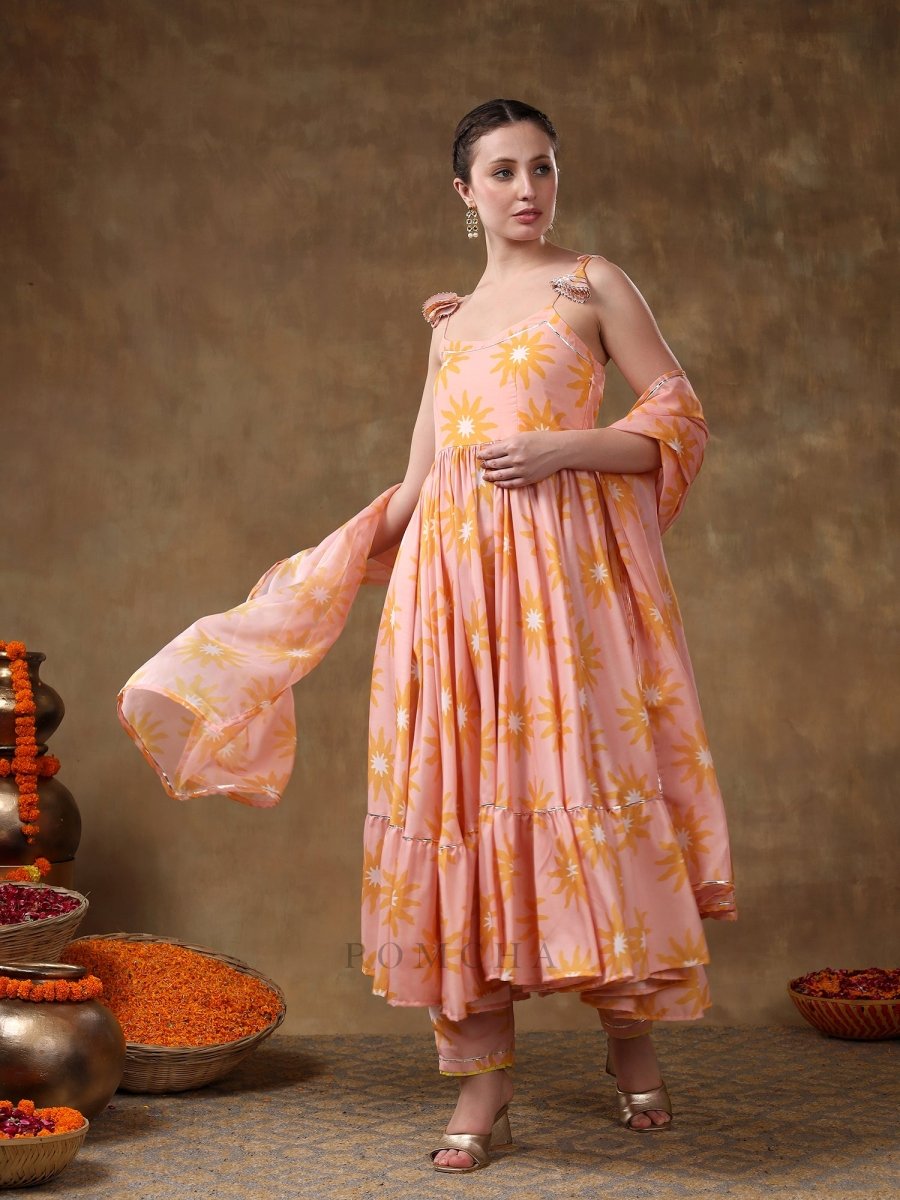 MERAKI JANNAT PEACH FRILL MUSLIN ANARKALI WITH ORGANZA DUPATTA - Pomcha Jaipur