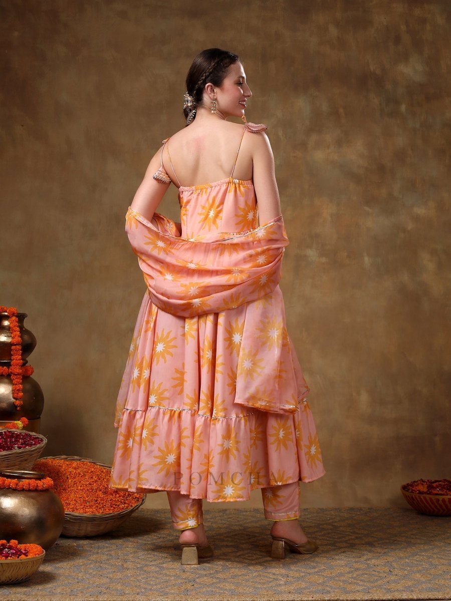 MERAKI JANNAT PEACH FRILL MUSLIN ANARKALI WITH ORGANZA DUPATTA - Pomcha Jaipur