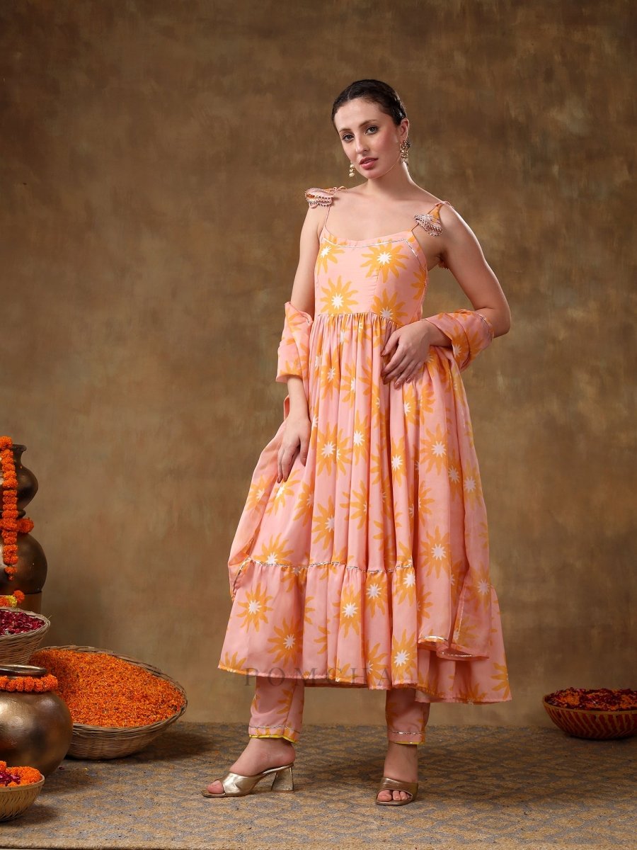 MERAKI JANNAT PEACH FRILL MUSLIN ANARKALI WITH ORGANZA DUPATTA - Pomcha Jaipur