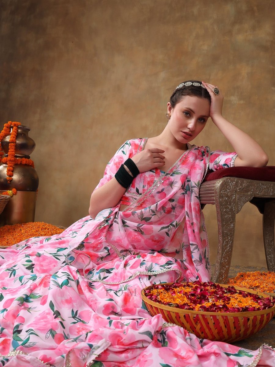 MERAKI JANNAT PINK FLORAL GOTTA LACE WORK LEHENGA WITH ORGANZA DUPATTA - Pomcha Jaipur