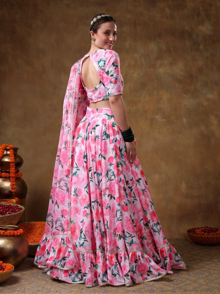 MERAKI JANNAT PINK FLORAL GOTTA LACE WORK LEHENGA WITH ORGANZA DUPATTA - Pomcha Jaipur