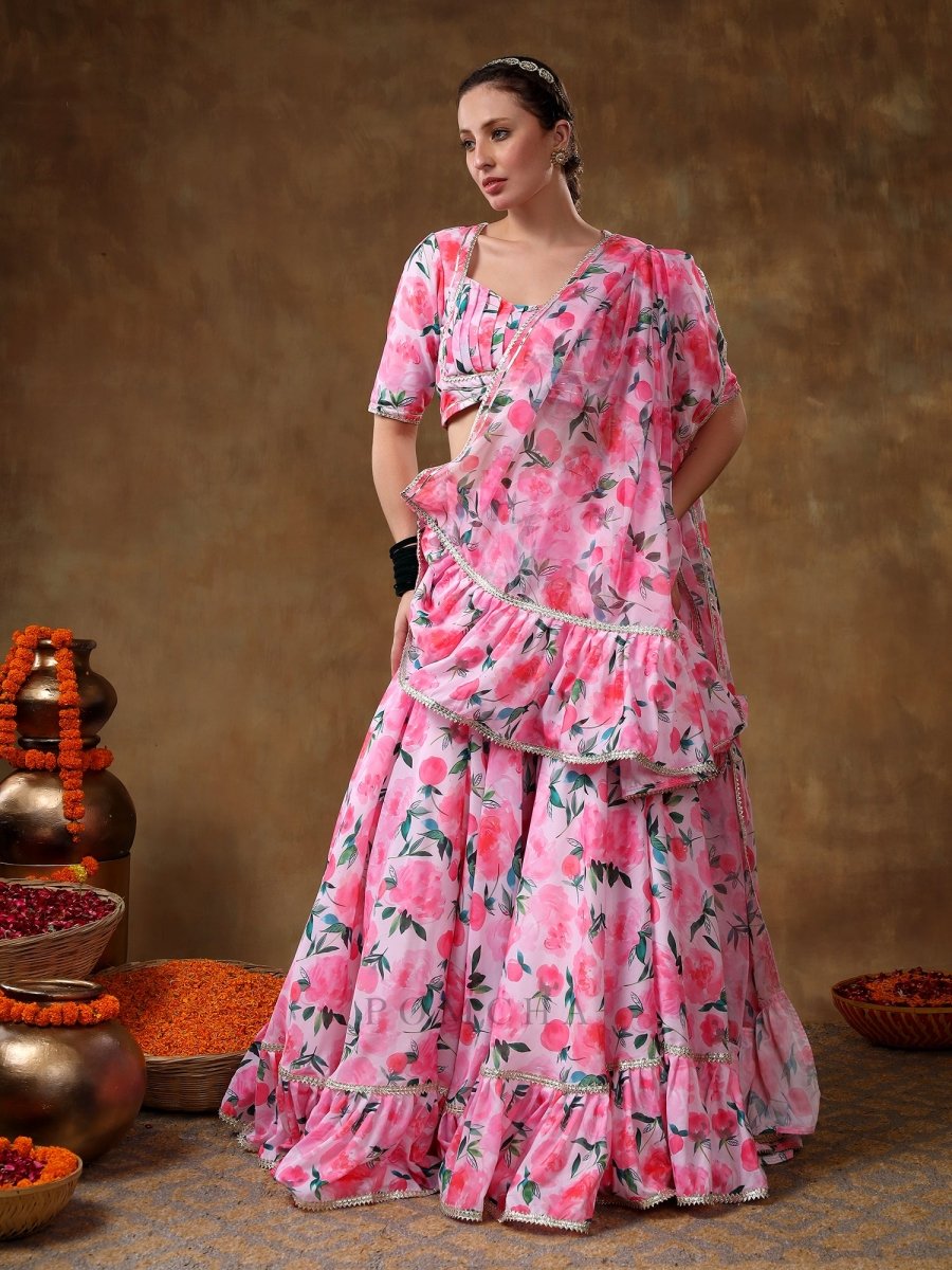 MERAKI JANNAT PINK FLORAL GOTTA LACE WORK LEHENGA WITH ORGANZA DUPATTA - Pomcha Jaipur