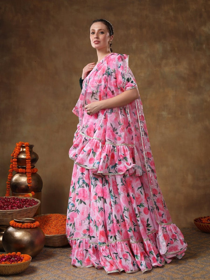 MERAKI JANNAT PINK FLORAL GOTTA LACE WORK LEHENGA WITH ORGANZA DUPATTA - Pomcha Jaipur