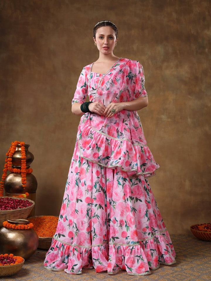 MERAKI JANNAT PINK FLORAL GOTTA LACE WORK LEHENGA WITH ORGANZA DUPATTA - Pomcha Jaipur